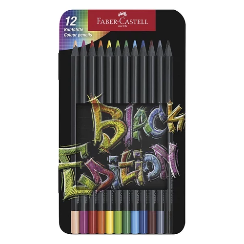 Színes ceruza FABER-CASTELL Black Edition háromszögletű fekete testű fémdobozos 12 darabos
