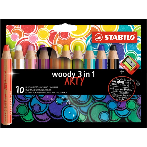 Színes ceruza STABILO Woody 3in1 hengeres vastag 10 darabos+hegyező
